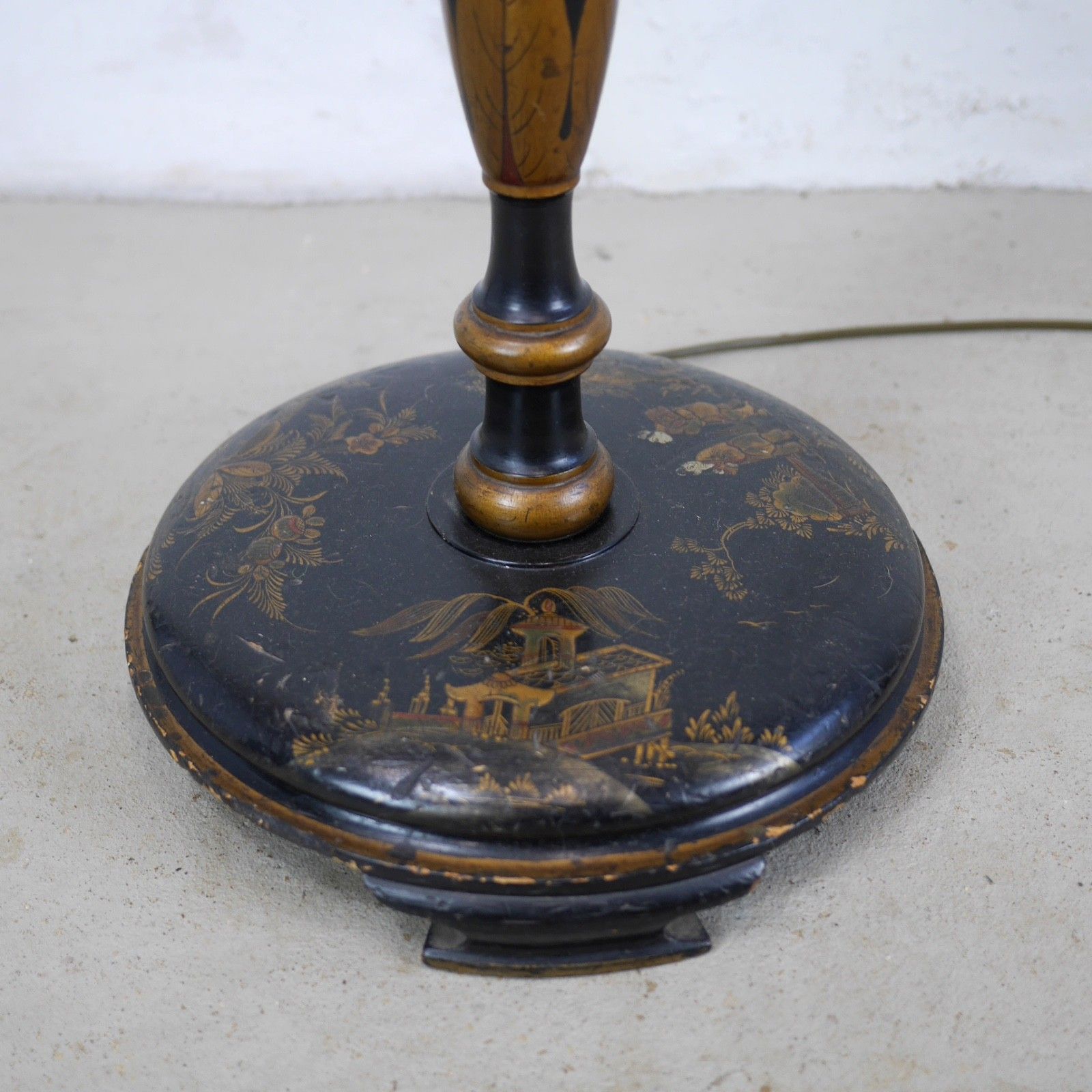Antique Black Chinoiserie Wood Standard Lamp Circa 1920 Hand Painted #103046 photo buy