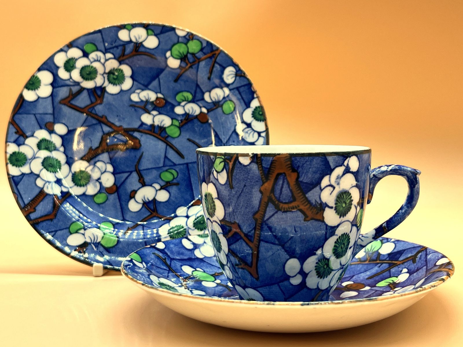 Art Deco Frederick Rhead Bursley Ware Cherry Blossom Design Tea Cup, Saucer & Side Plate Trio. C1920's.