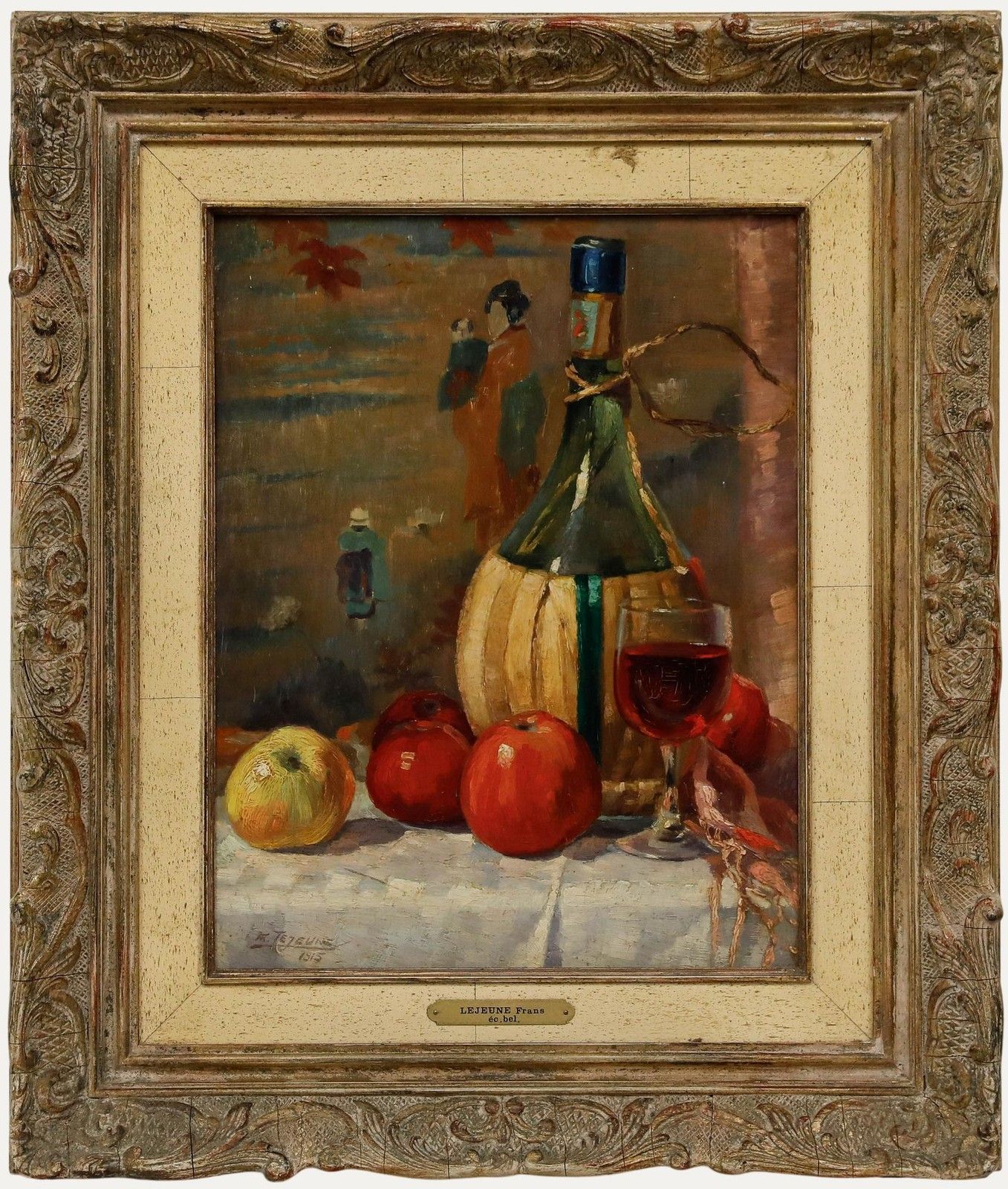 Frans Lejeune (1879 1963) Framed Oil, Still Life Of Wine & Apples