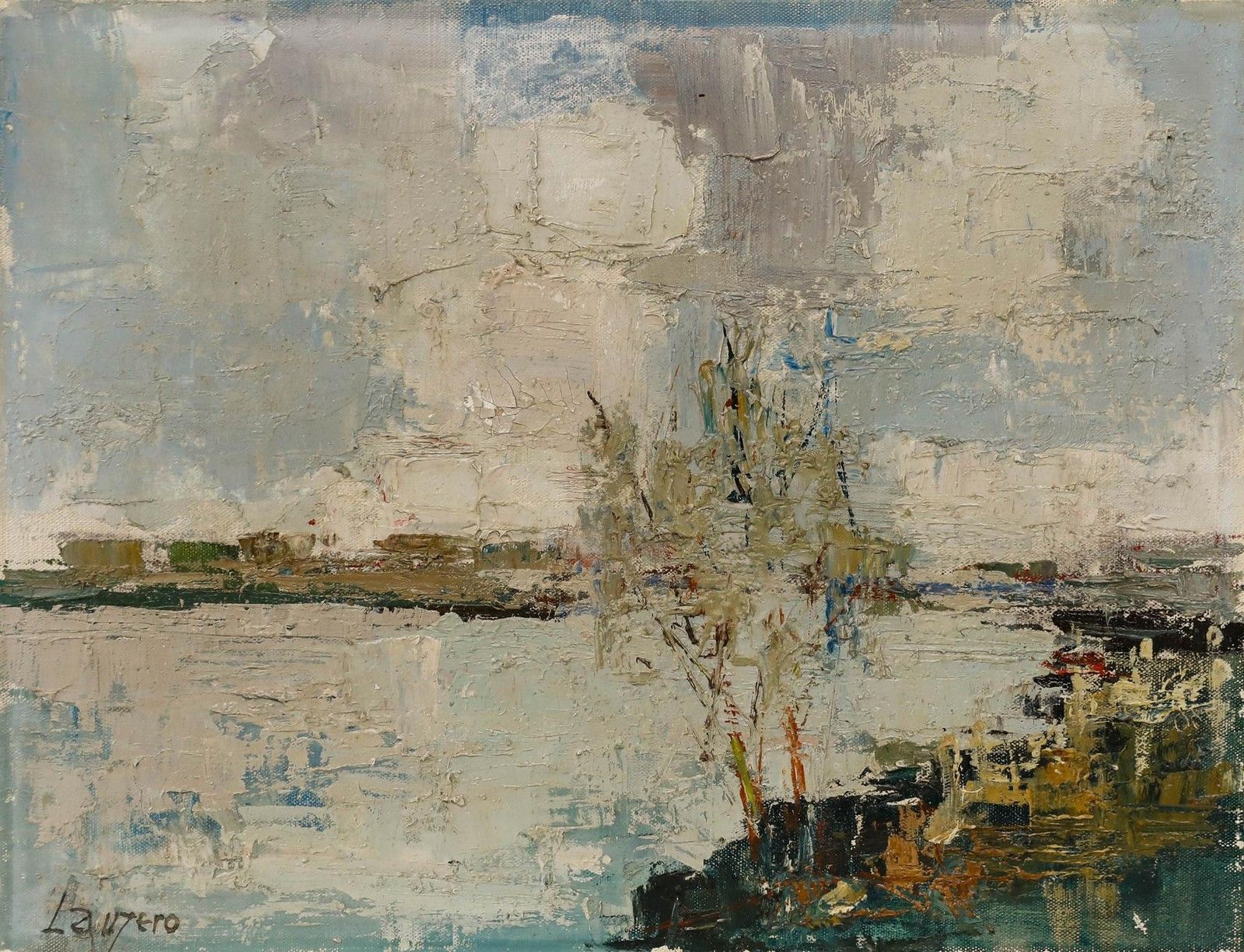 Albert Lauzero (1909 2006) Impasto 20th Century Oil, On The Riverbank photo furniture