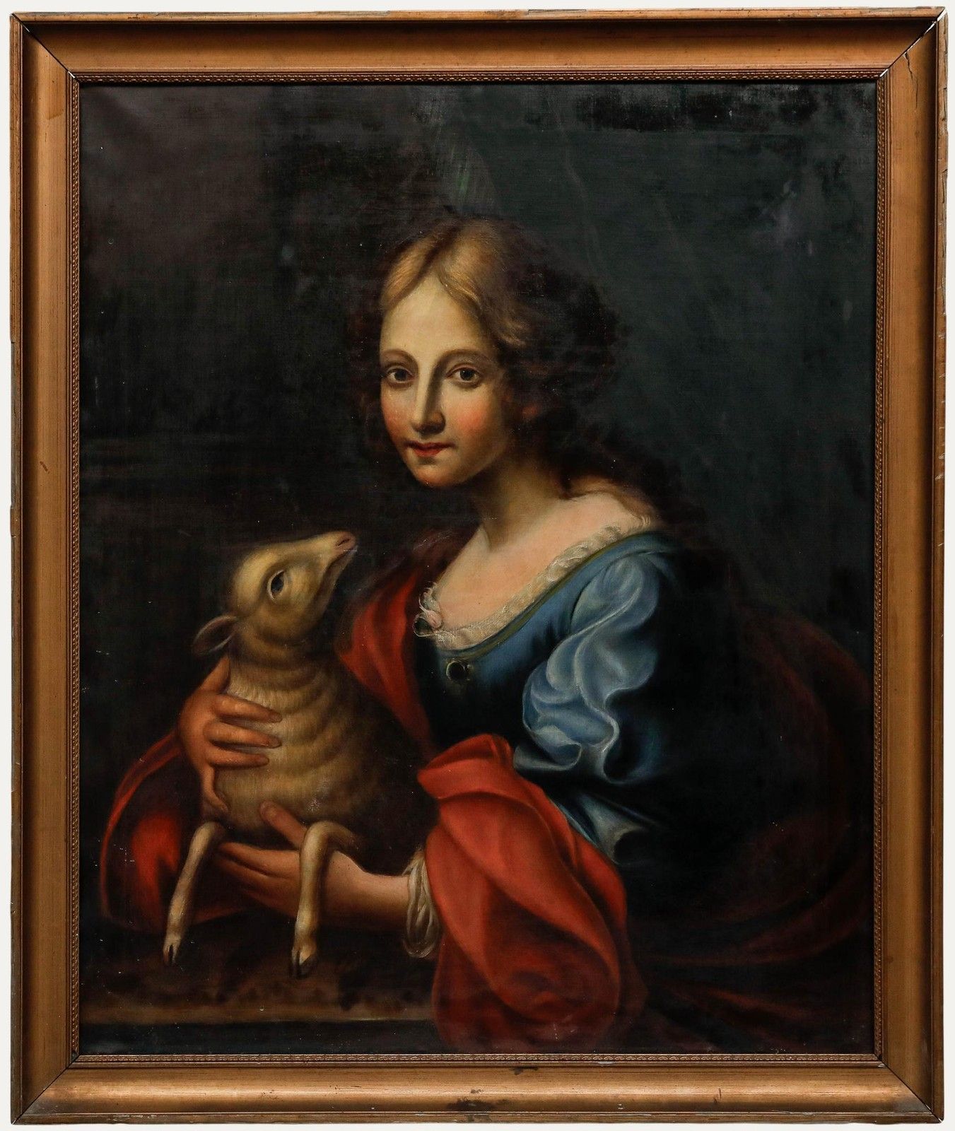 After Carlo Dolci Framed 19th Century Oil, Saint Agnes Of Rome With The Lamb
