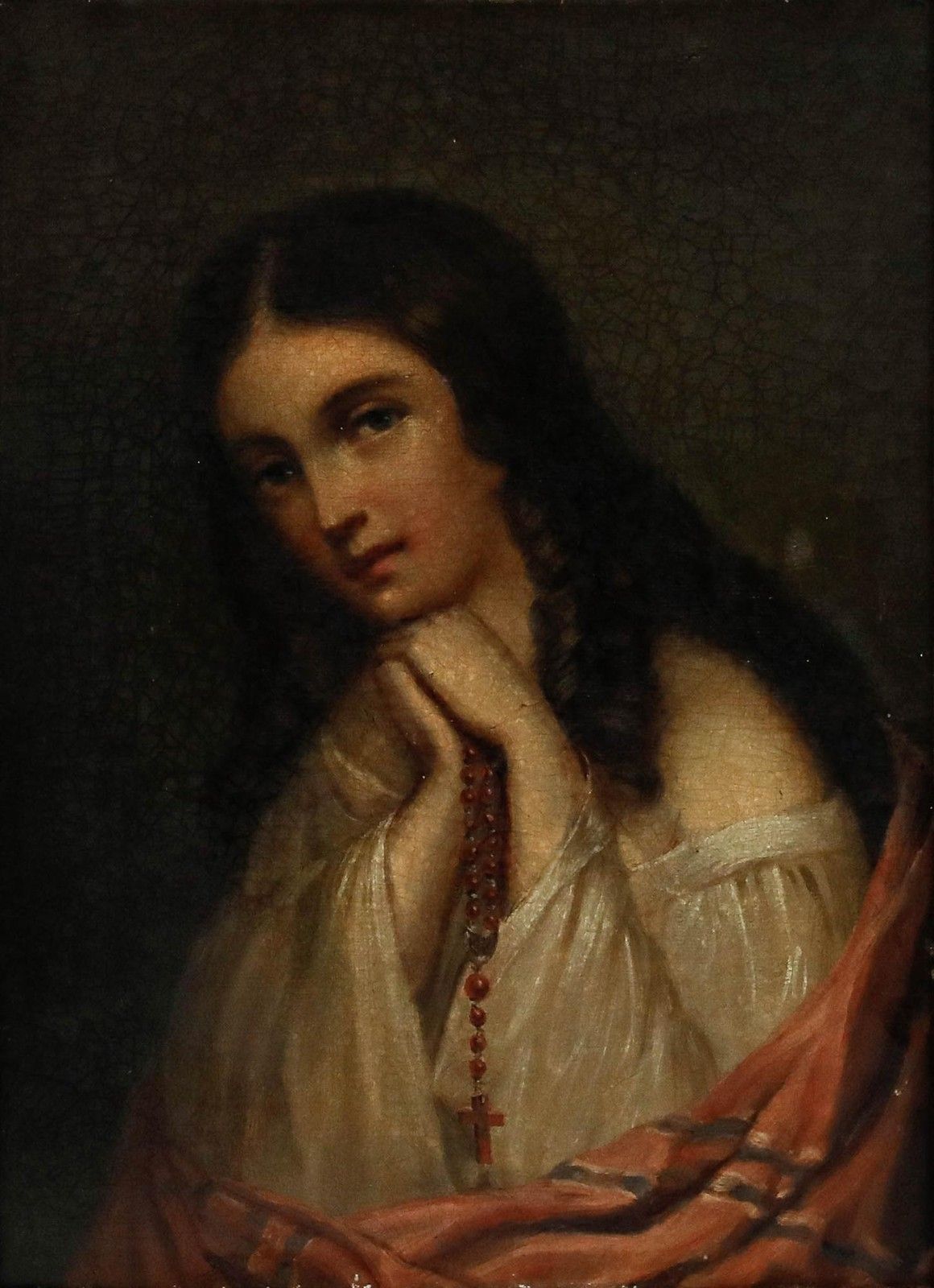 Framed 19th Century Oil Young Woman With Red Rosary photo furniture