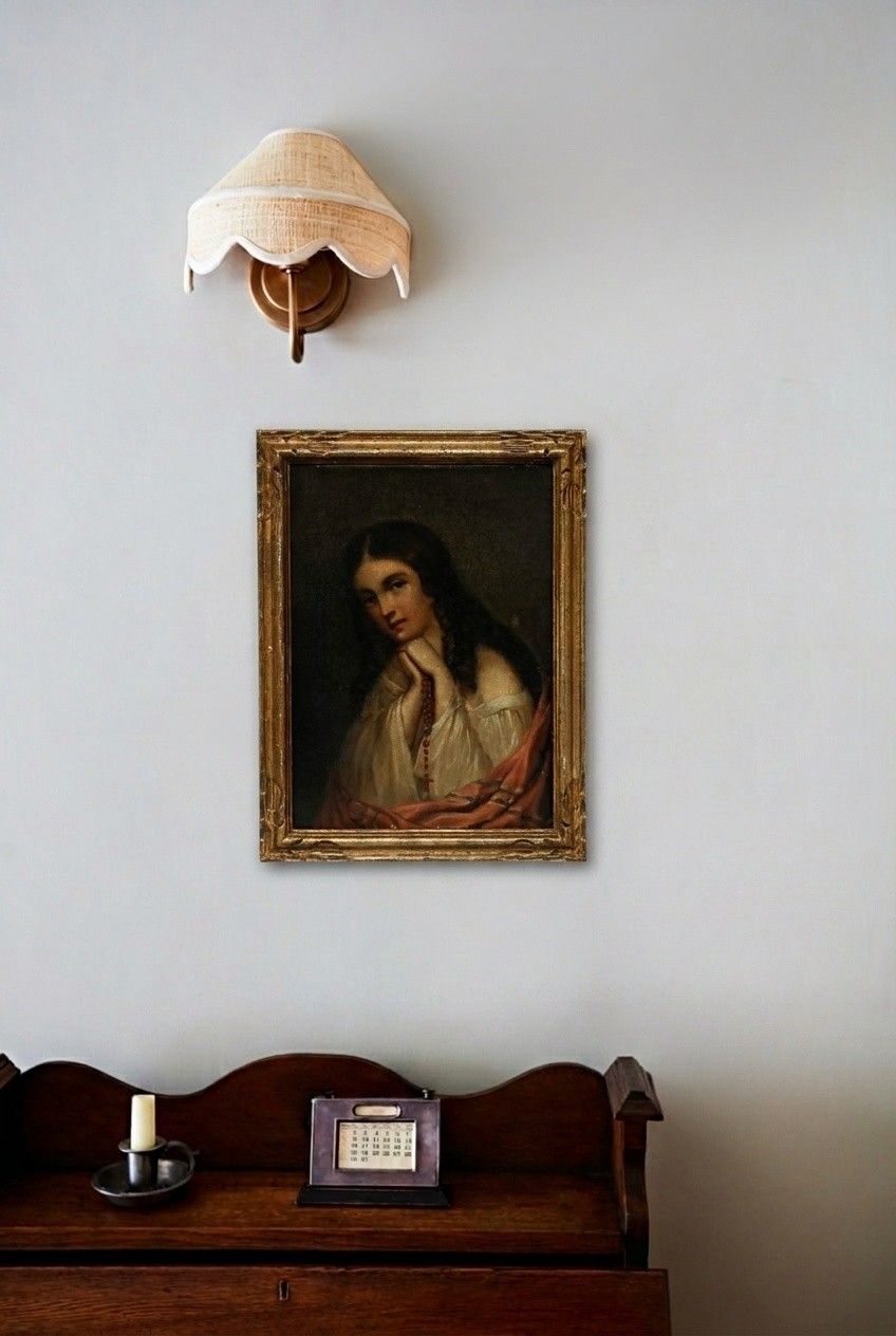 Framed 19th Century Oil Young Woman With Red Rosary photo for sale