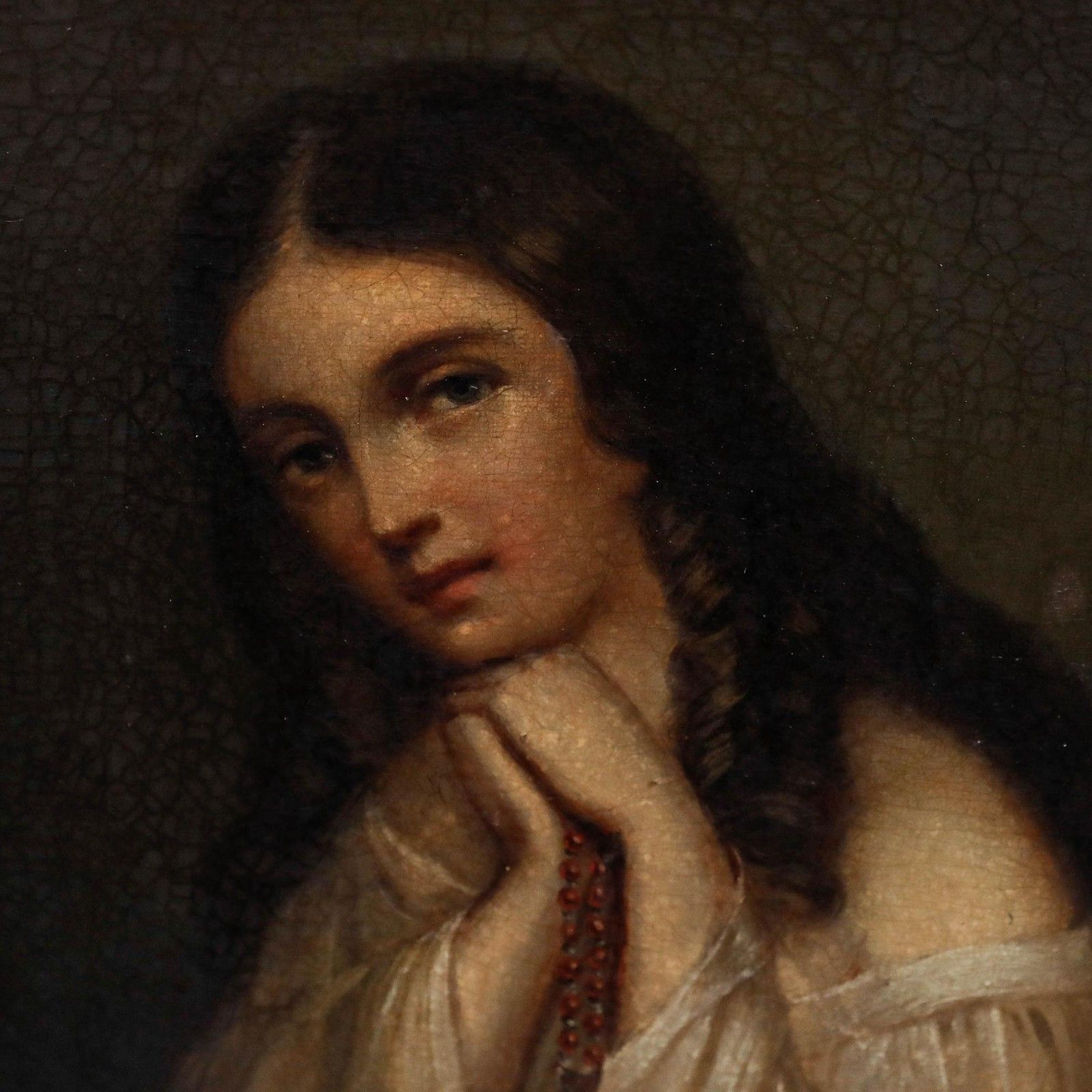 Framed 19th Century Oil Young Woman With Red Rosary photo vinterior
