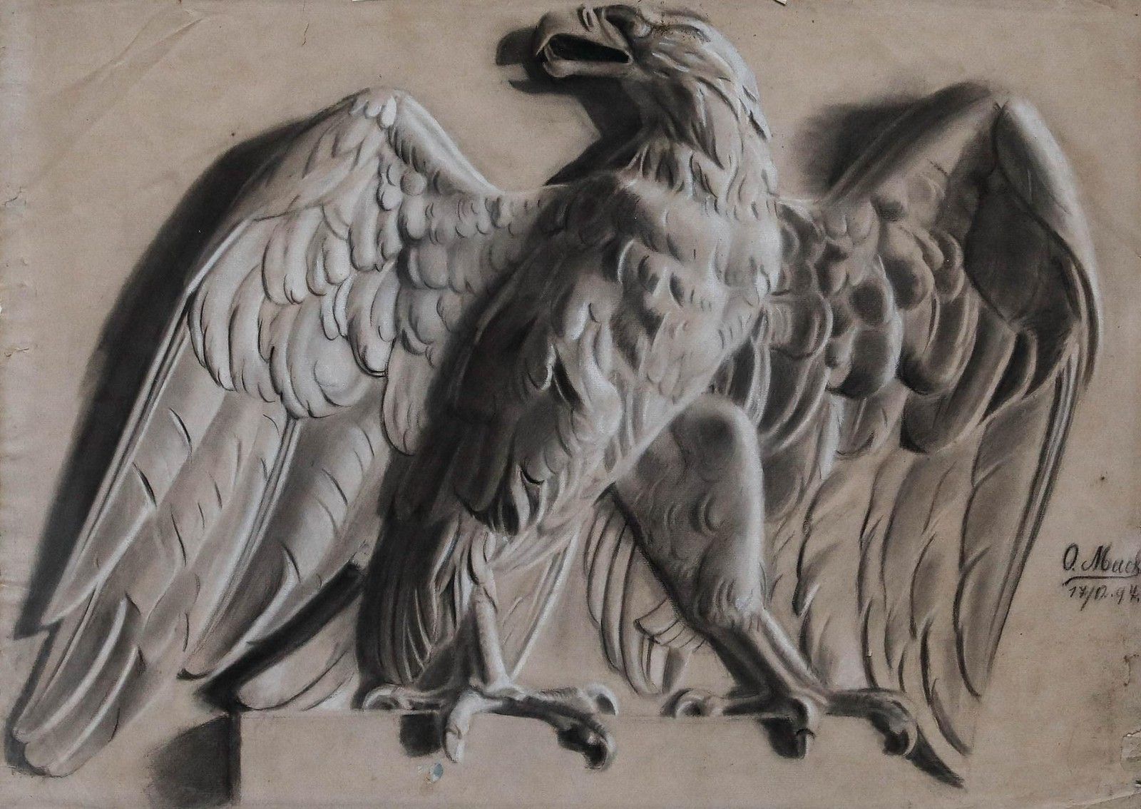 O. Muck (Fl.1898 1907) Framed Charcoal Drawing, Study Of An Eagle photo furniture