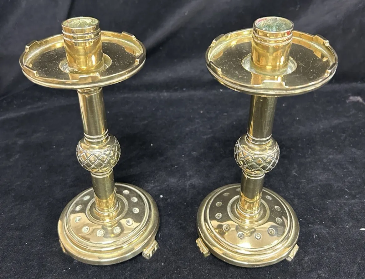 Pair Brass Candlesticks Gothic Revival Victorian photo for sale