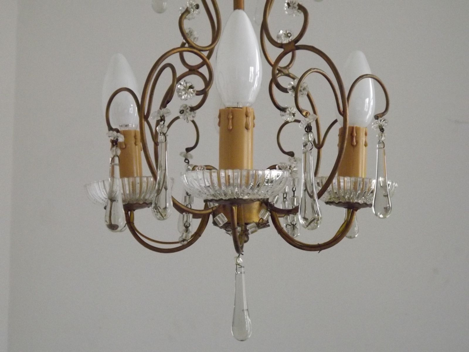 photo furniture Vintage French 4 Arm Gilded Toleware Cage Chandelier With Clear Seed Bead Swags And Clear Murano Drops