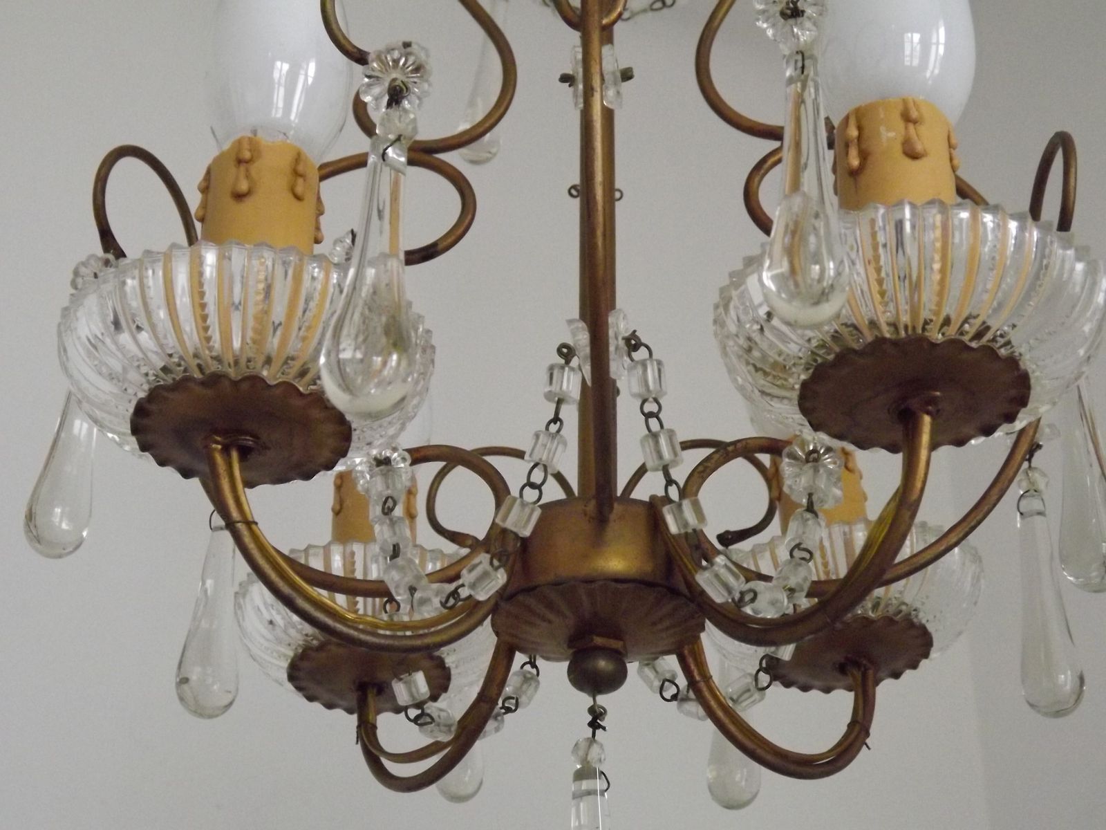225.0 Vintage French 4 Arm Gilded Toleware Cage Chandelier With Clear Seed Bead Swags And Clear Murano Drops photo