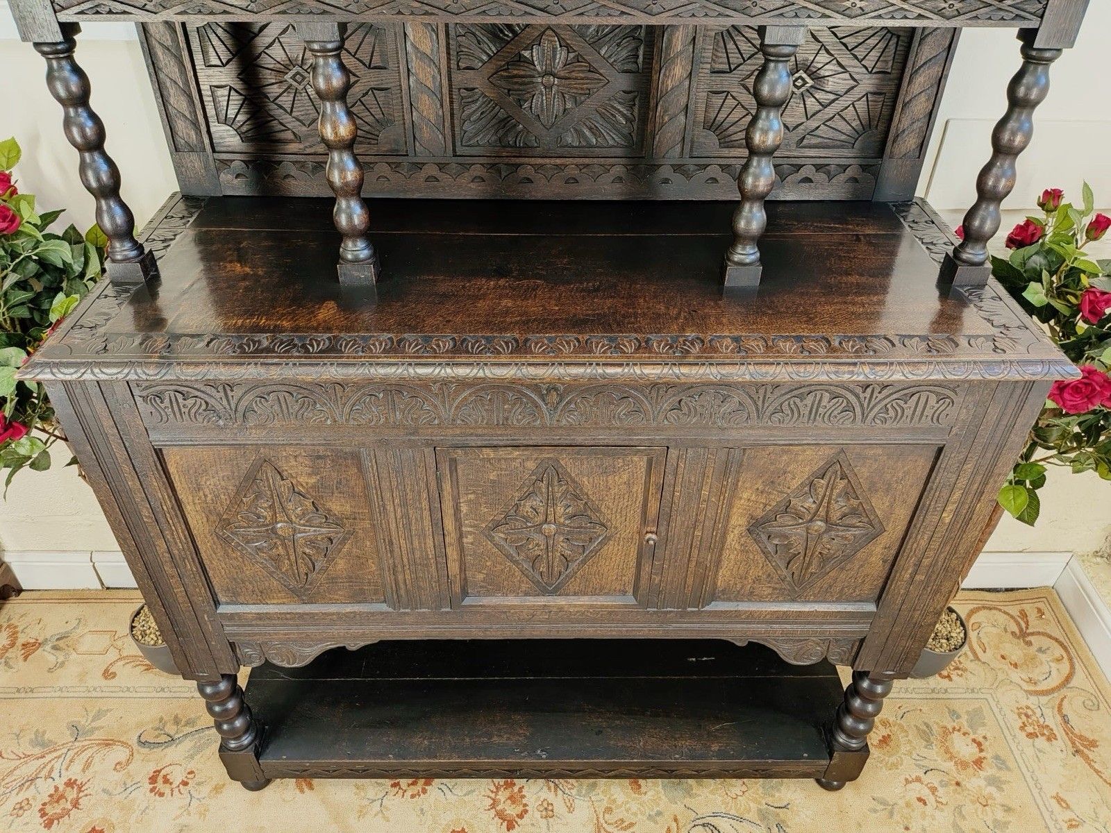 17th Century Style Solid Oak Tridarn Carved Court Cupboard Dresser photo Furniture