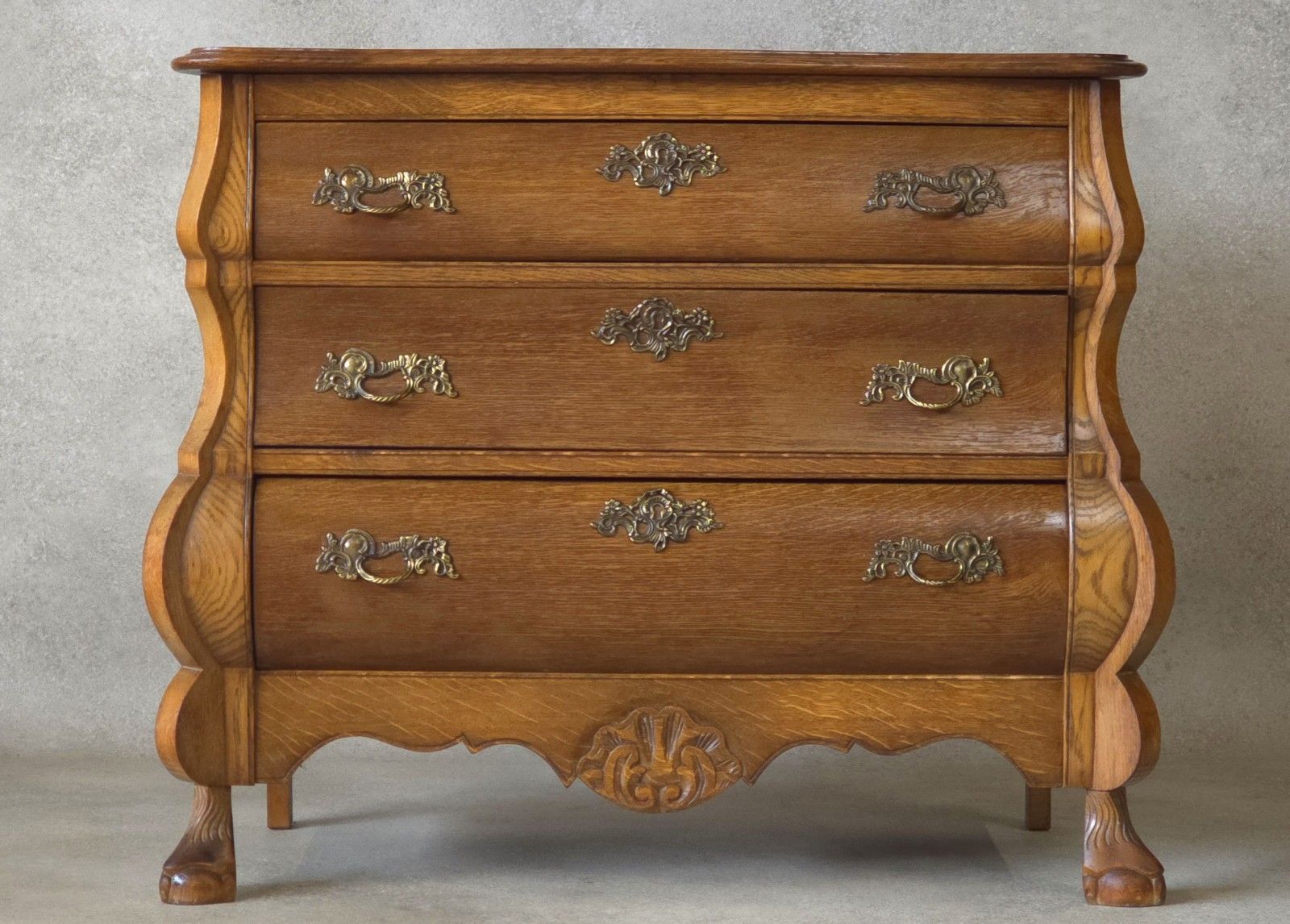 photo for sale Dutch Bombe Oak Chest Of Drawers Small Commode Vintage Ball & Claw Feet
