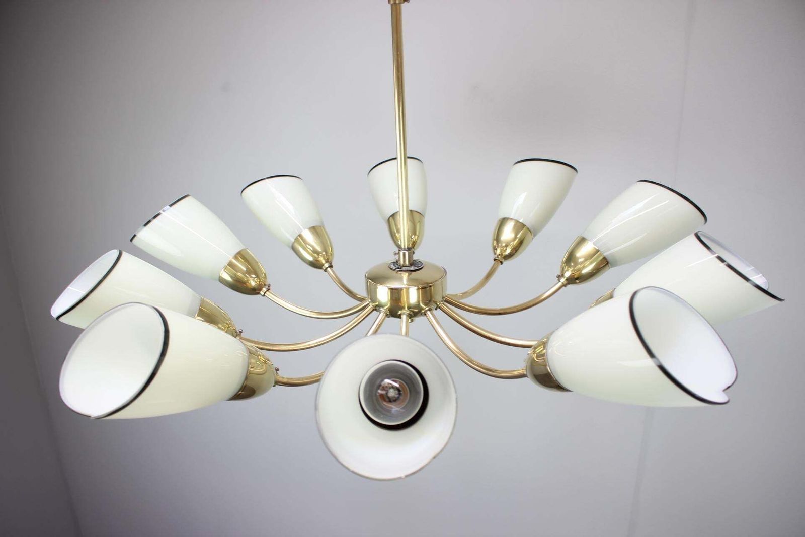 1960s Czechoslovak Mid Century Modern Ten Arm Brass And Glass Chandelier photo Lighting