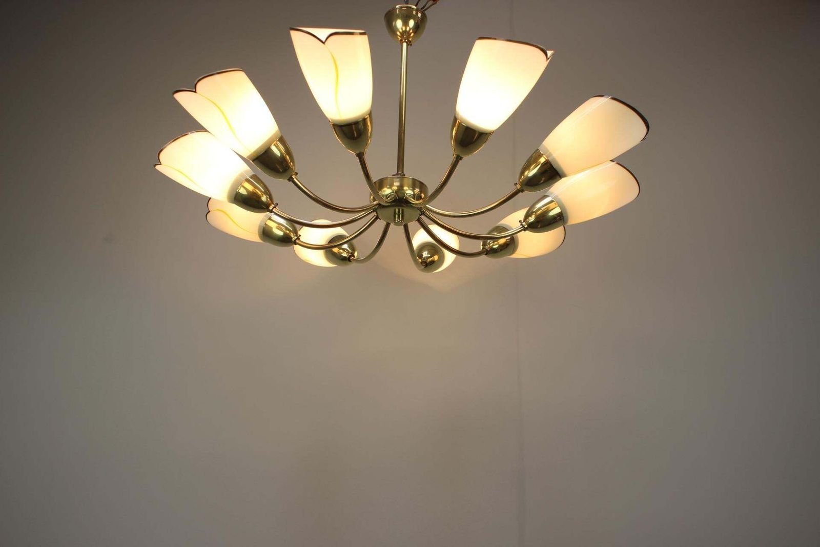 photo for sale 1960s Czechoslovak Mid Century Modern Ten Arm Brass And Glass Chandelier