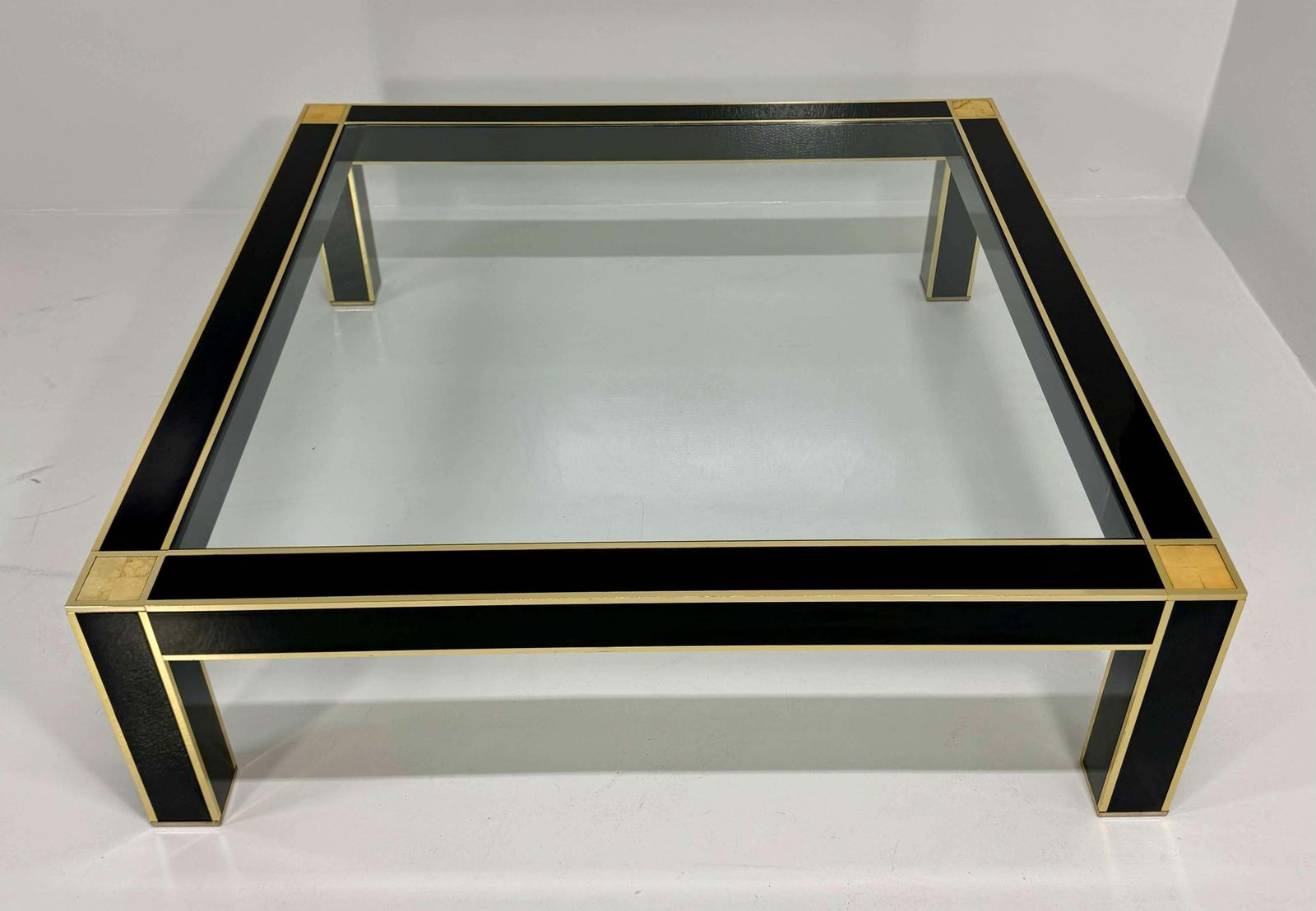 Square Coffee Table Attr. To Pierre Cardin In Black Lacquer, Brass, Glass, 70s photo for sale