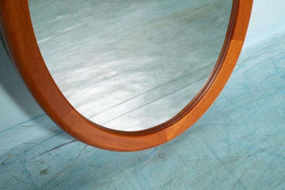Vintage Deens Design Xl Spiegel Teakhouten, Ovale Silkeborg Spiegel. photo vinterior