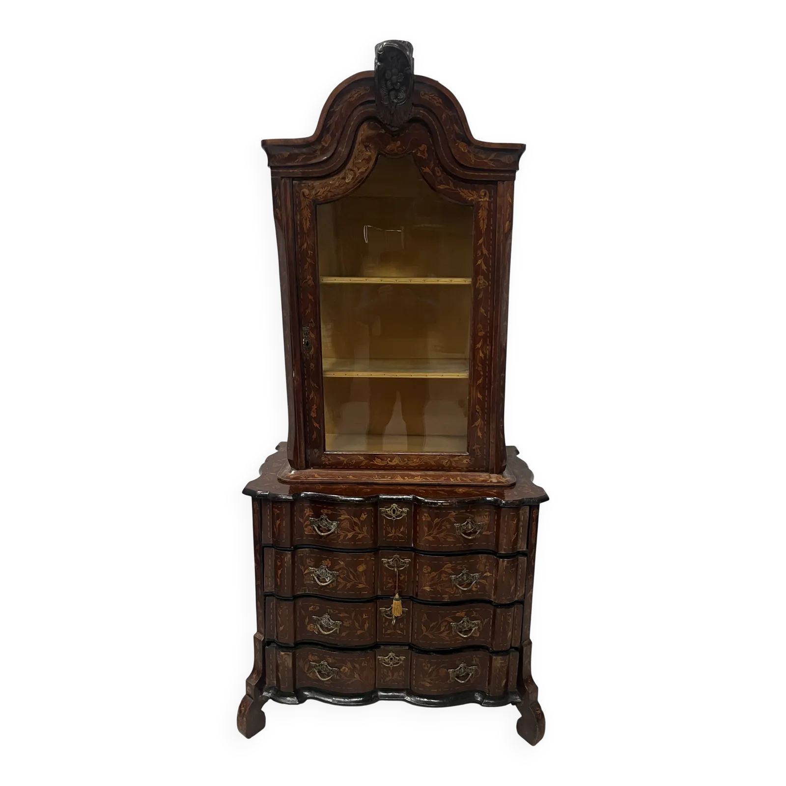 Dutch Display Cabinet In Two Sections, Made Of Marquetry Wood