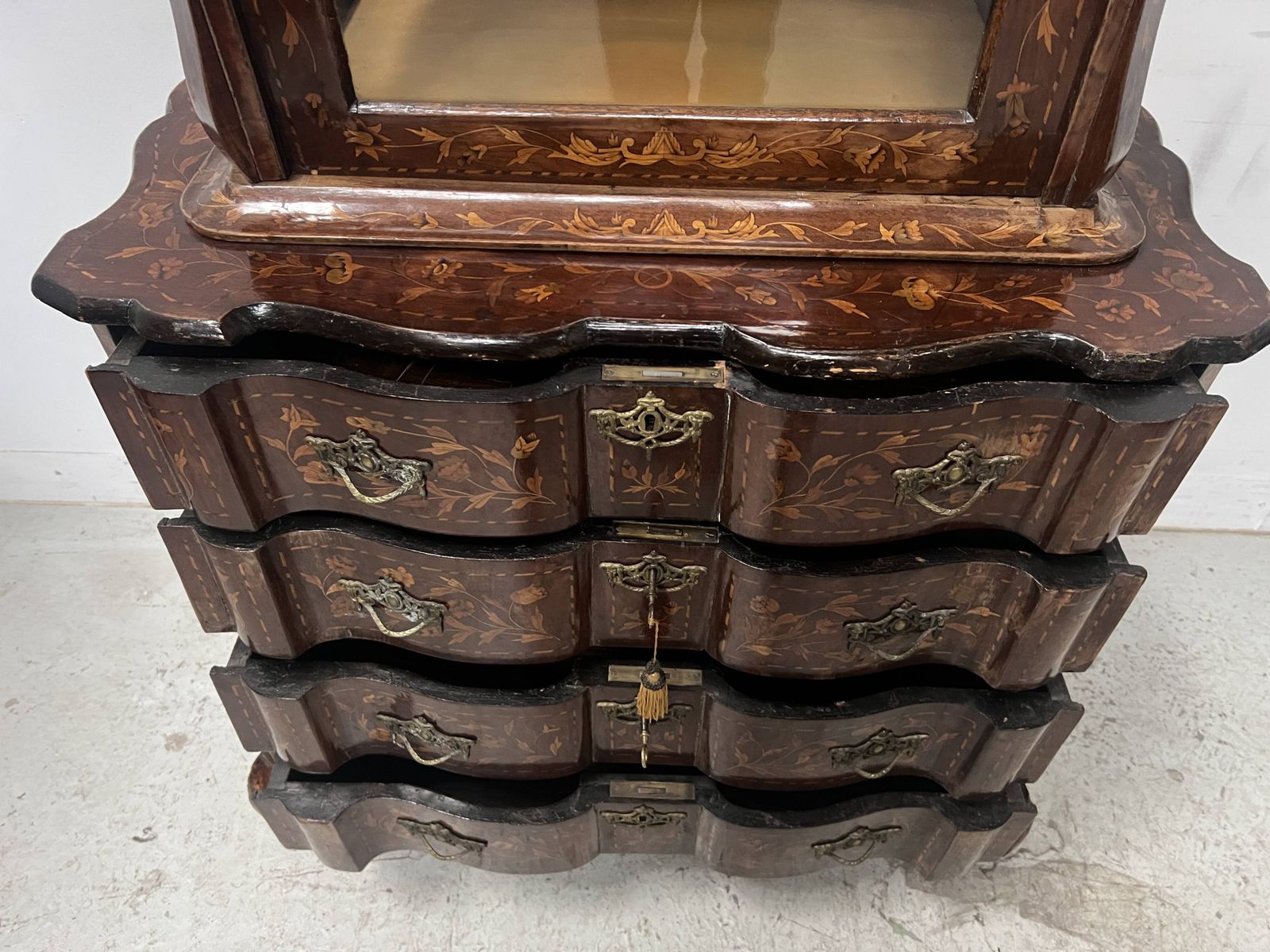 Dutch Display Cabinet In Two Sections, Made Of Marquetry Wood photo for sale