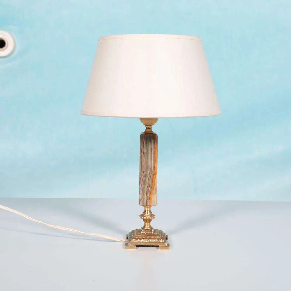Vintage Jaren Zestig Tafellamp, Messing En Natuursteen, Boho Stijl.