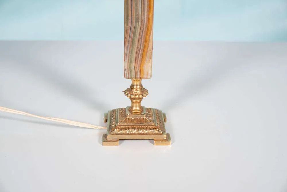 Vintage Jaren Zestig Tafellamp, Messing En Natuursteen, Boho Stijl. photo vinterior