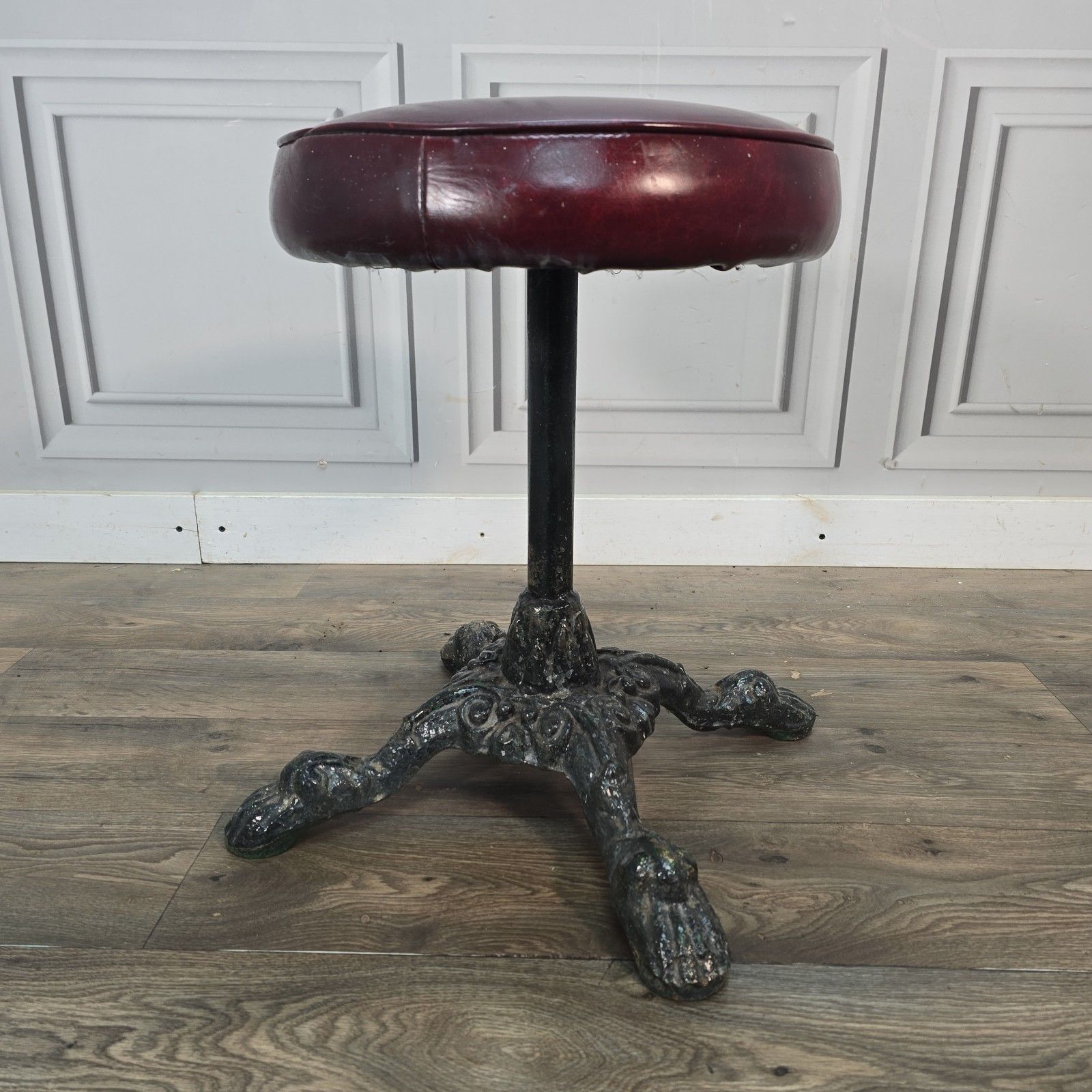 Antique Pub Stool Piano Seat Red Leather Vinyl Cast Iron Base Claw Feet photo furniture