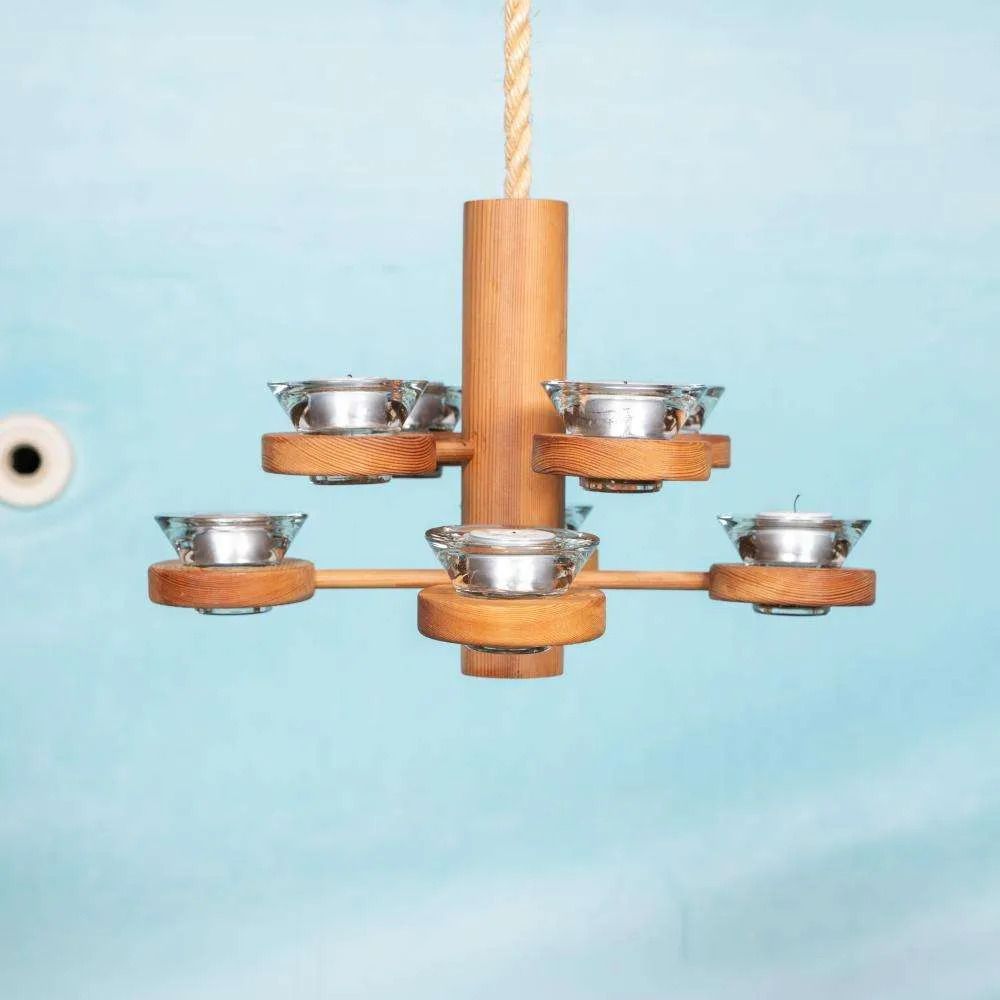 Boheemse Kroonluchter, Vintage Grenen Scandinavische Kroonluchter