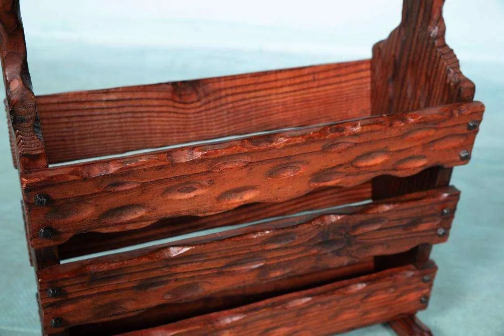 photo for sale Spanish Reading Rack 1970s, Carved Brutalist Magazine Rack.