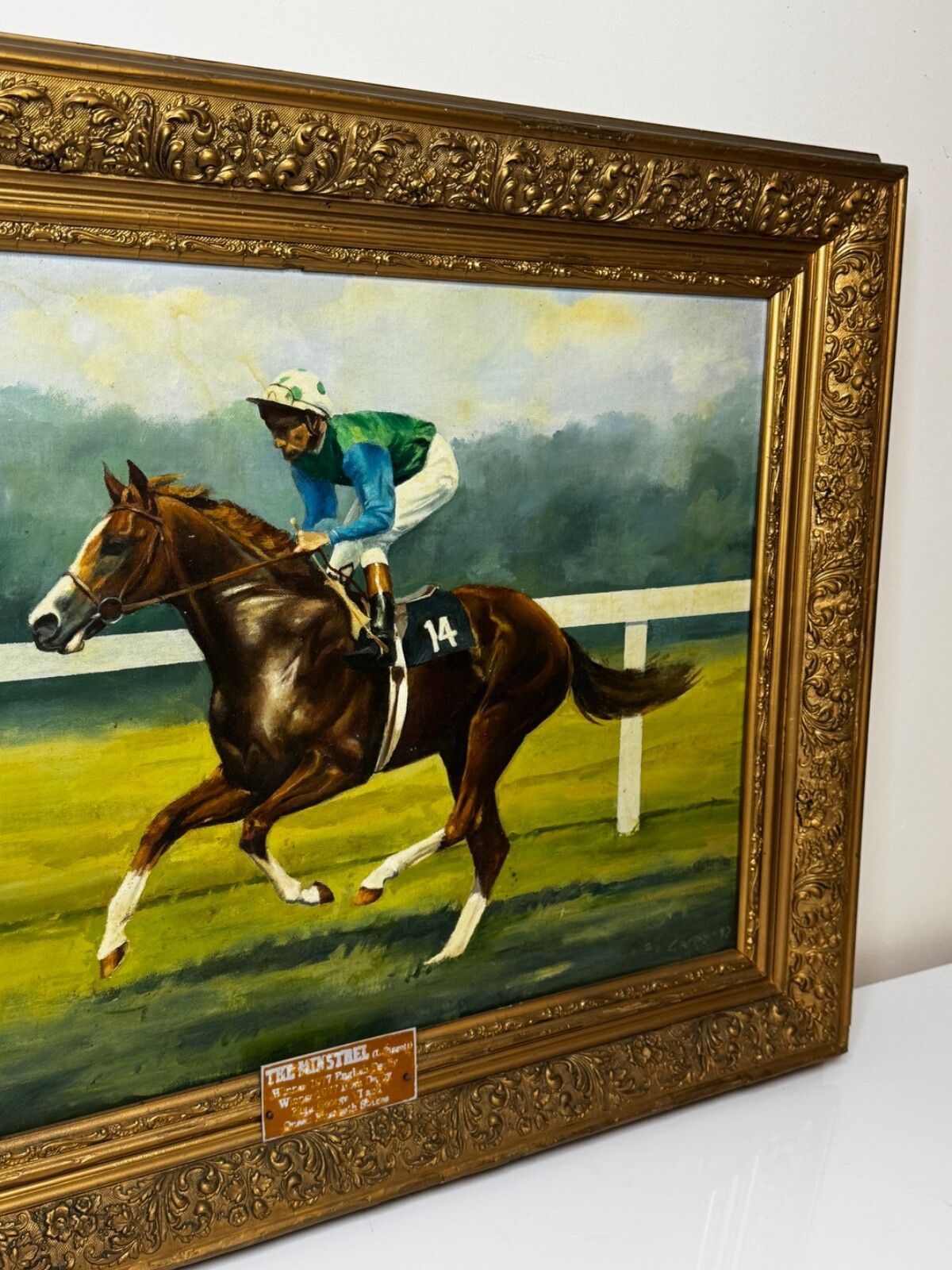 20th Century Equestrian Oil Painting The Minstrel Chestnut Colt Epsom Derby 1977 Jockey Lester Piggott photo furniture