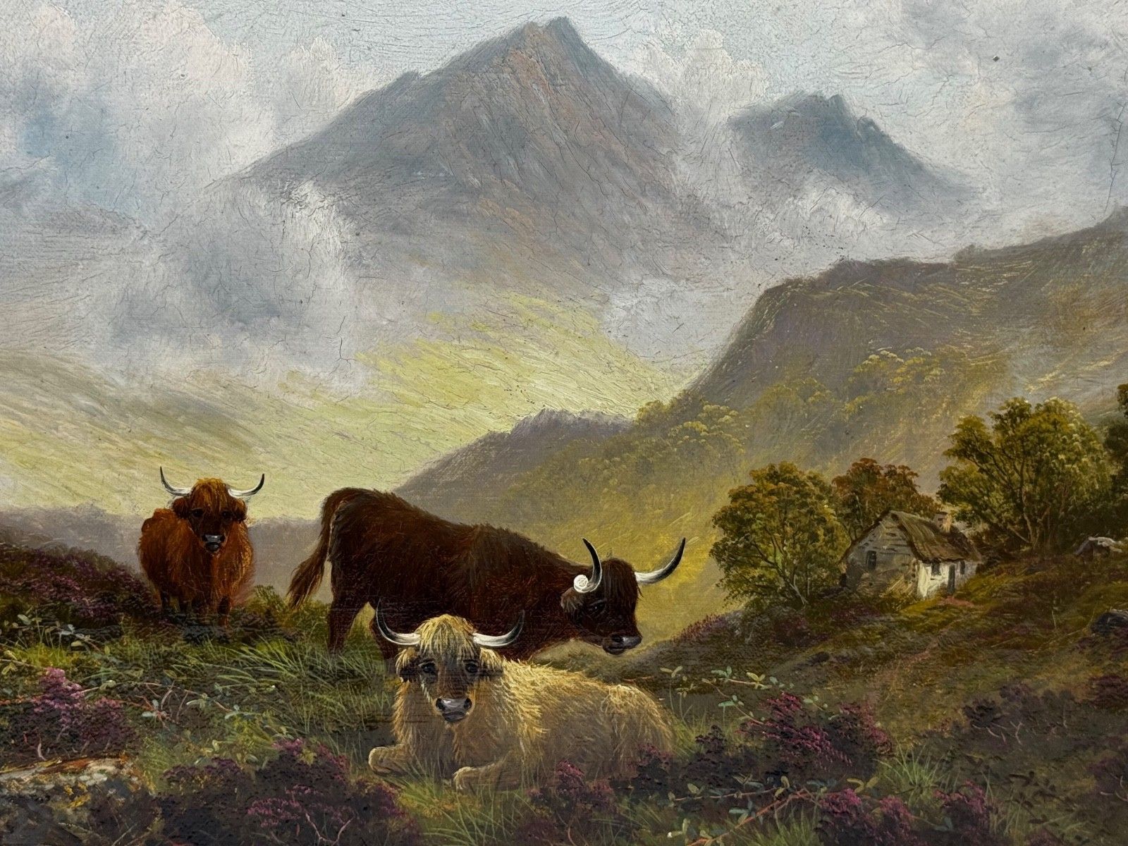 19th Century Oil Painting Ben Lawers First Light Morning Mist Highland Cattle Beside Loch Tay photo for sale