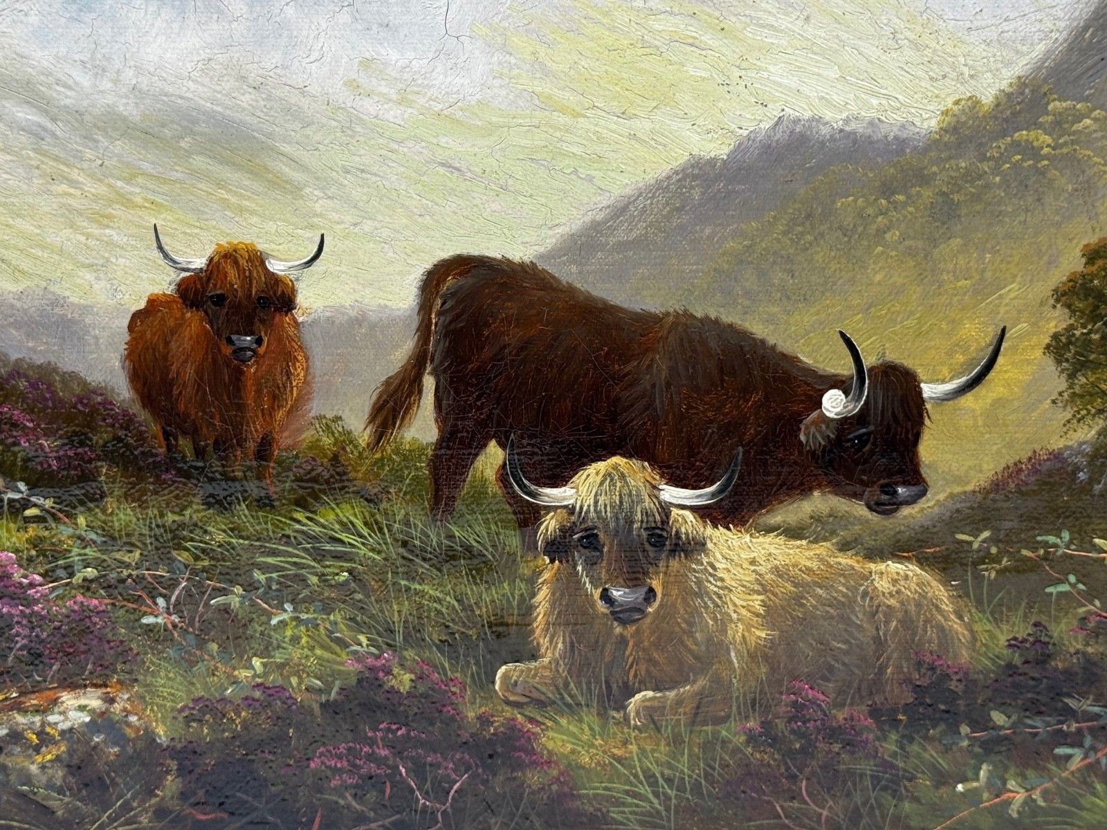 19th Century Oil Painting Ben Lawers First Light Morning Mist Highland Cattle Beside Loch Tay photo vinterior