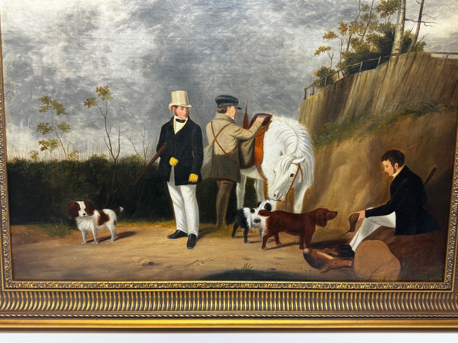 19th Century Hunting Party Oil Painting Spaniel Pointer Dogs Lord With Purdey In Grey Top Hat photo Art