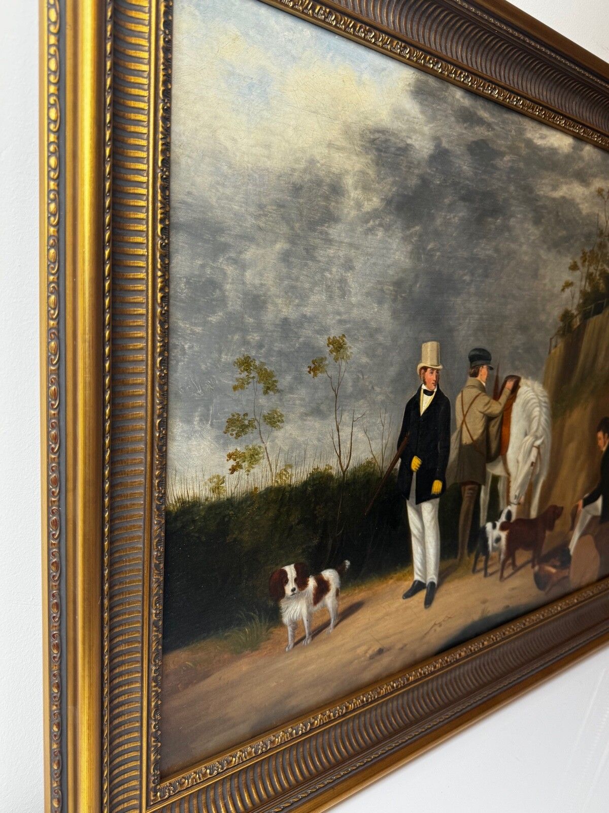 19th Century Hunting Party Oil Painting Spaniel Pointer Dogs Lord With Purdey In Grey Top Hat photo buy
