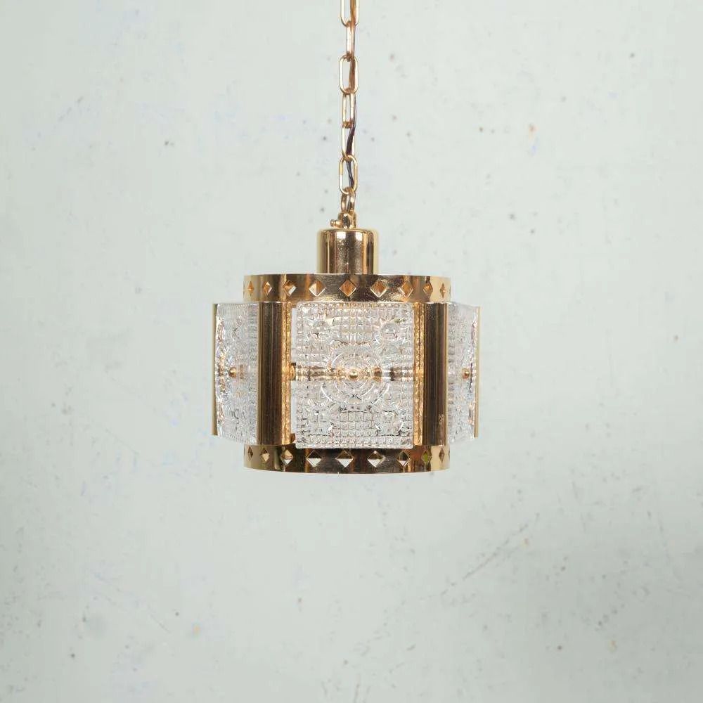 Vintage Messing & Ijsglas Hanglamp, Vitrika Glazen Hanglamp photo for sale