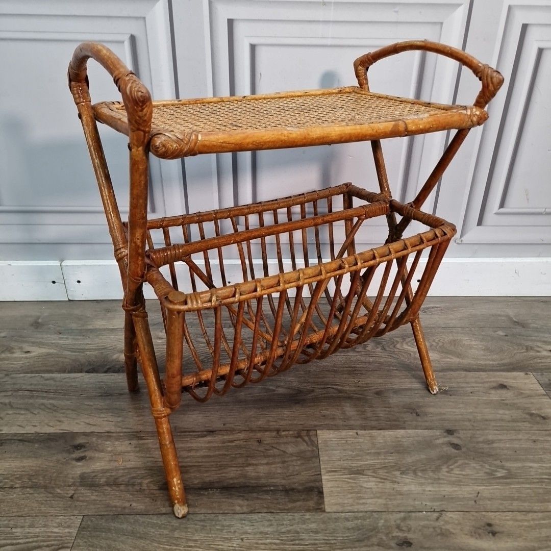 Retro Vintage Side Table Rattan Mid Century Cane Magazine Rack Paper Bamboo photo furniture