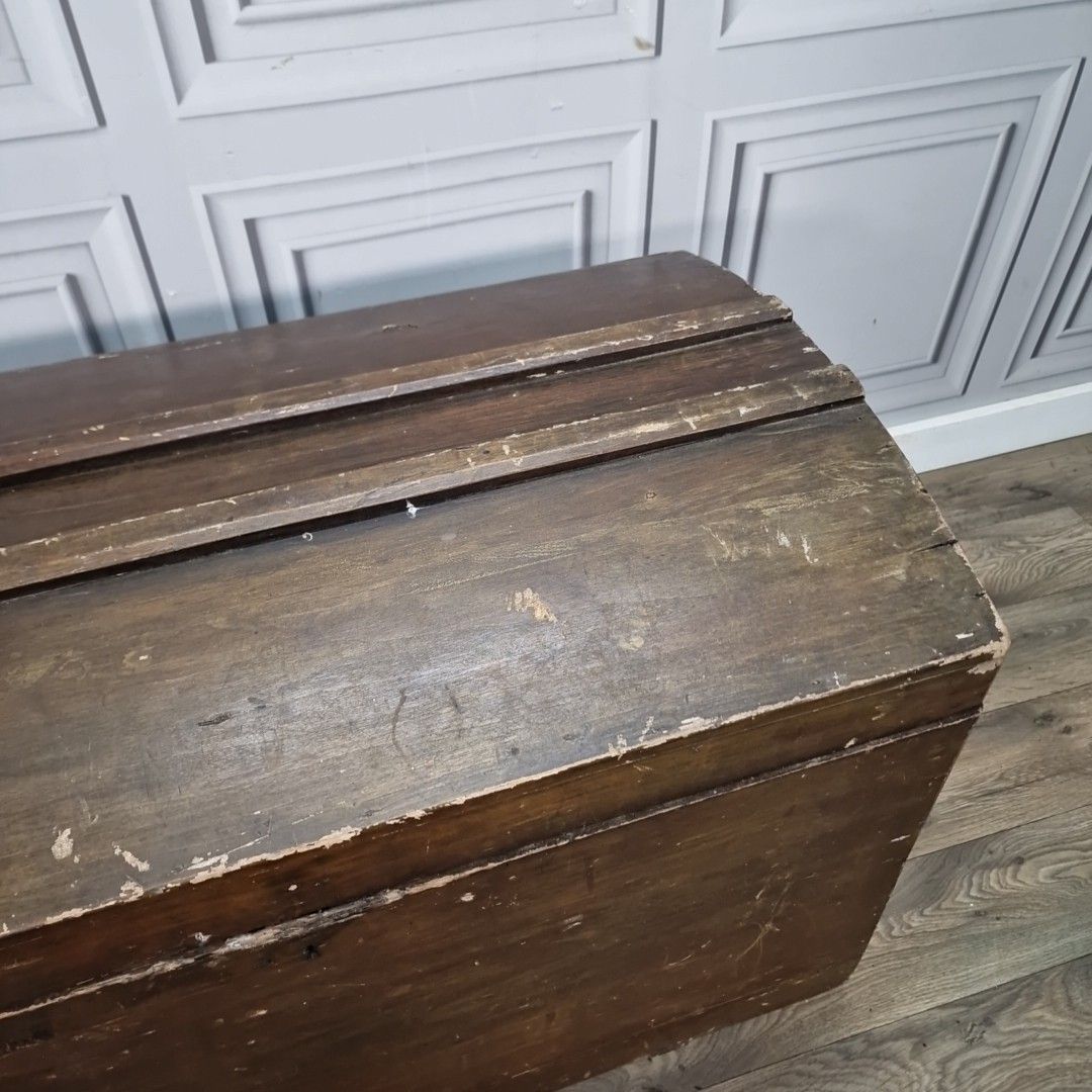 Antique Rustic Wooden Chest – Blanket Box / Trunk Metal Handles Dome Top Storage photo vintage