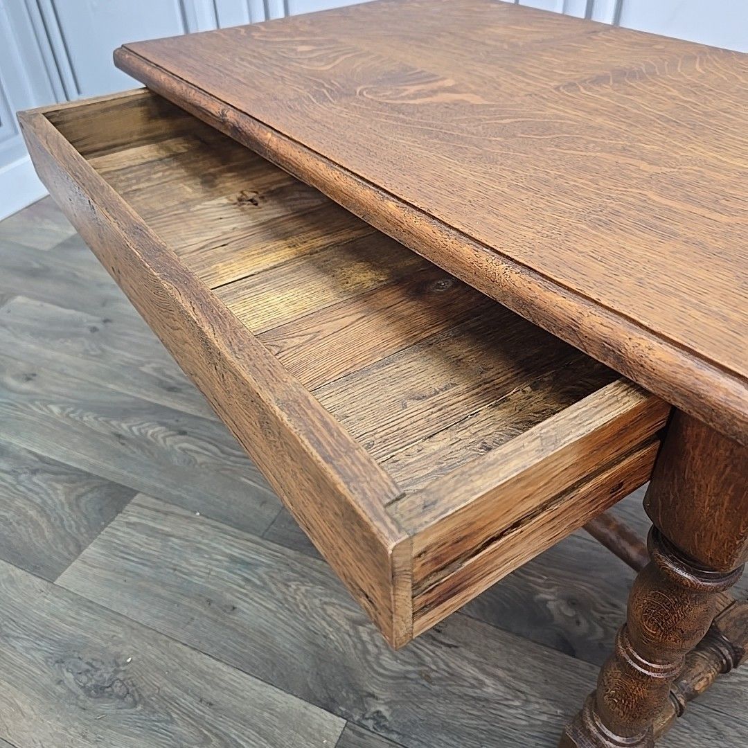 photo furniture Antique Oak Lamp Table Solid Wooden Side Secret Drawer Jacobean Revival Style