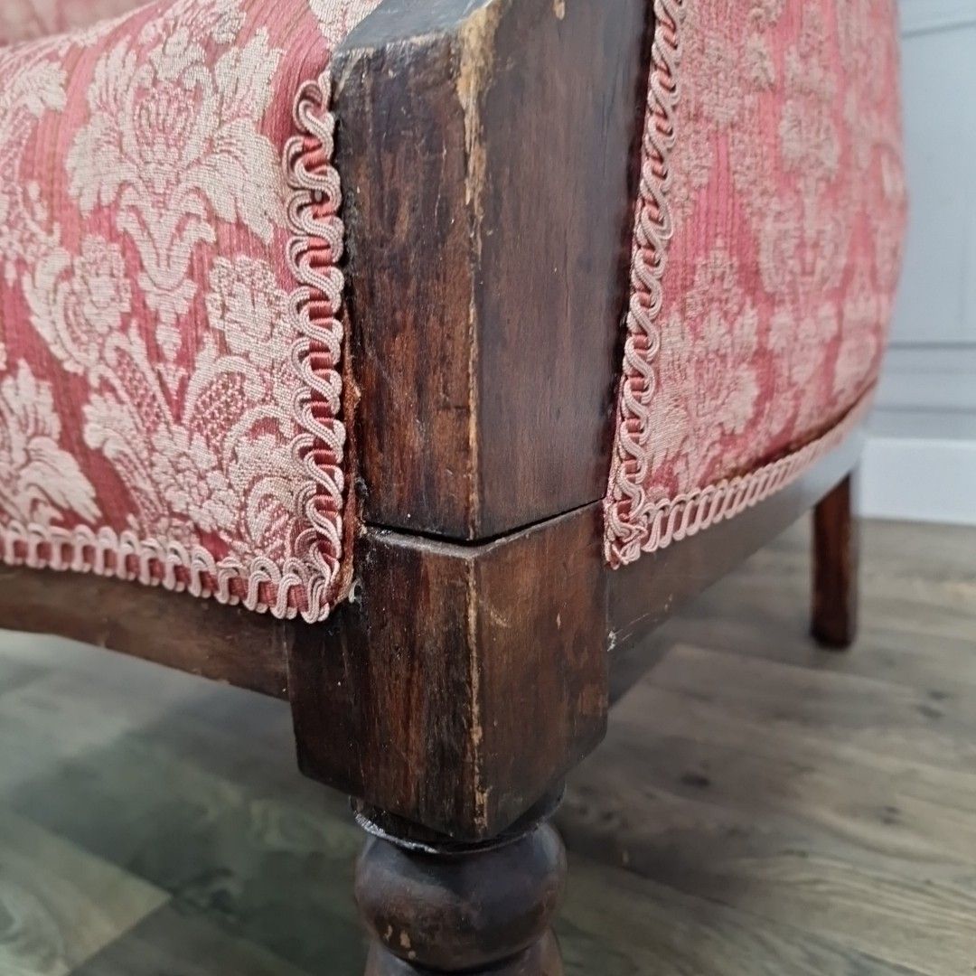 photo for sale Antique Victorian Armchair Upholstered Damask Fabric Mahogany Frame Castors
