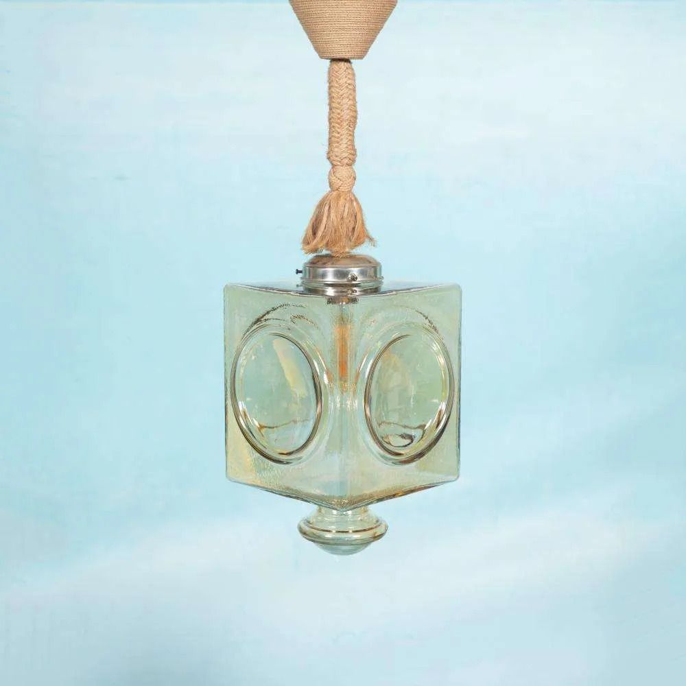 Japandi Glass Pendant Lamp, Bohemian Cubic Vintage Glass Lamp.