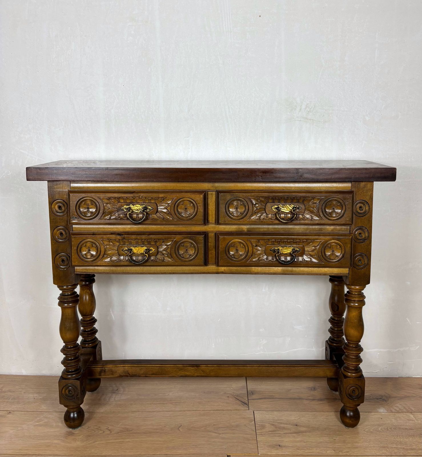 Spanish Renaissance Revival Walnut Console Table With Four Carved Drawers, 1930s photo for sale