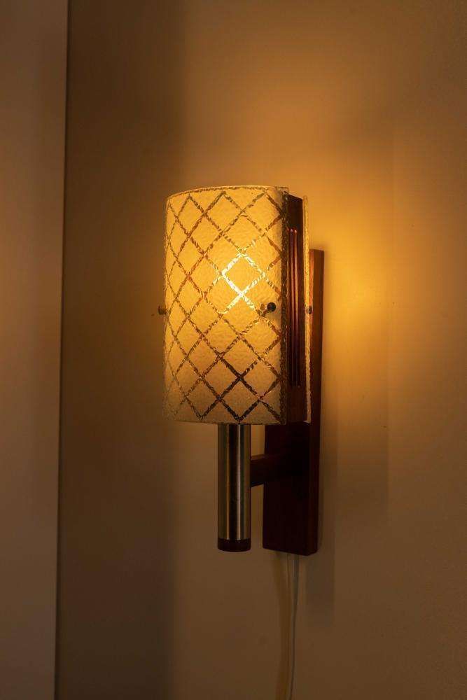 147.0 Vintage Wall Lamp From The 1960s, Frosted Glass And Bohemian Teak. photo