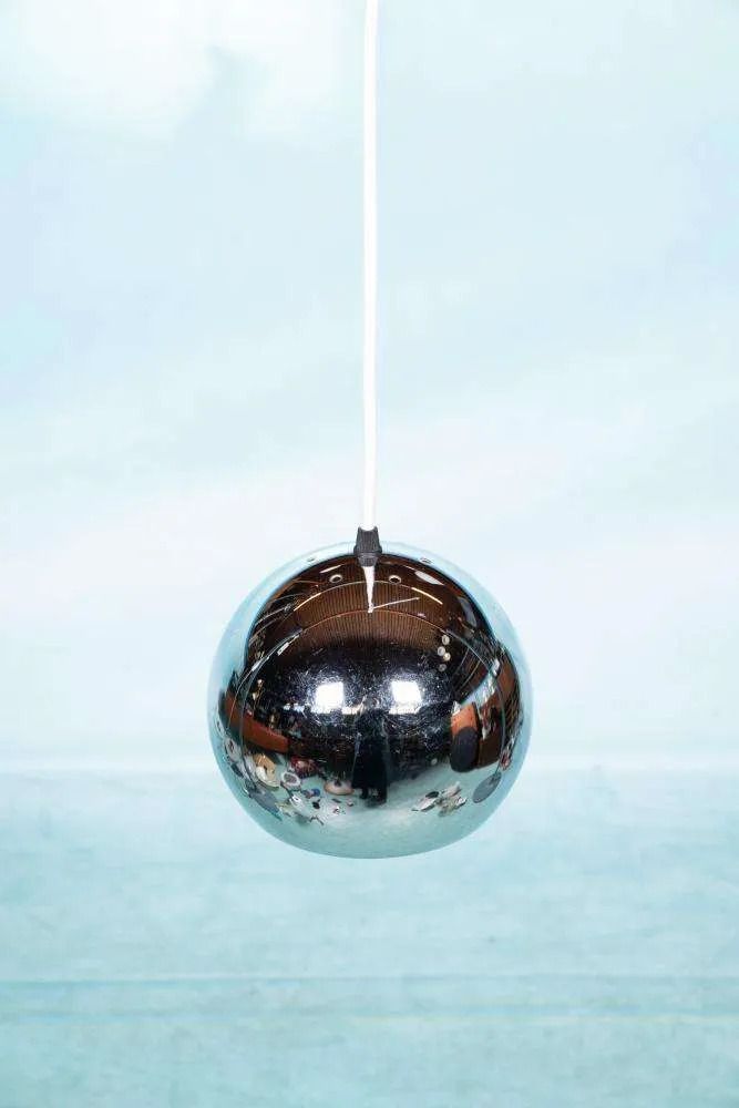 Vintage Chrome Sphere Pendant Lamp, Space Age Eyeball Lamp. photo furniture