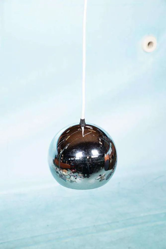 Vintage Chrome Sphere Pendant Lamp, Space Age Eyeball Lamp. photo Lighting