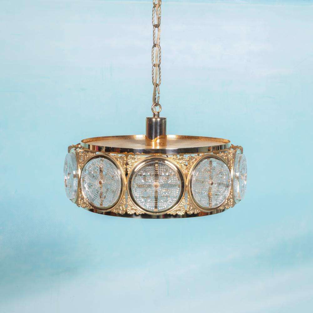 Vintage Glazen Hanglamp Zweden Jaren 1960, Messing & Glas. photo for sale