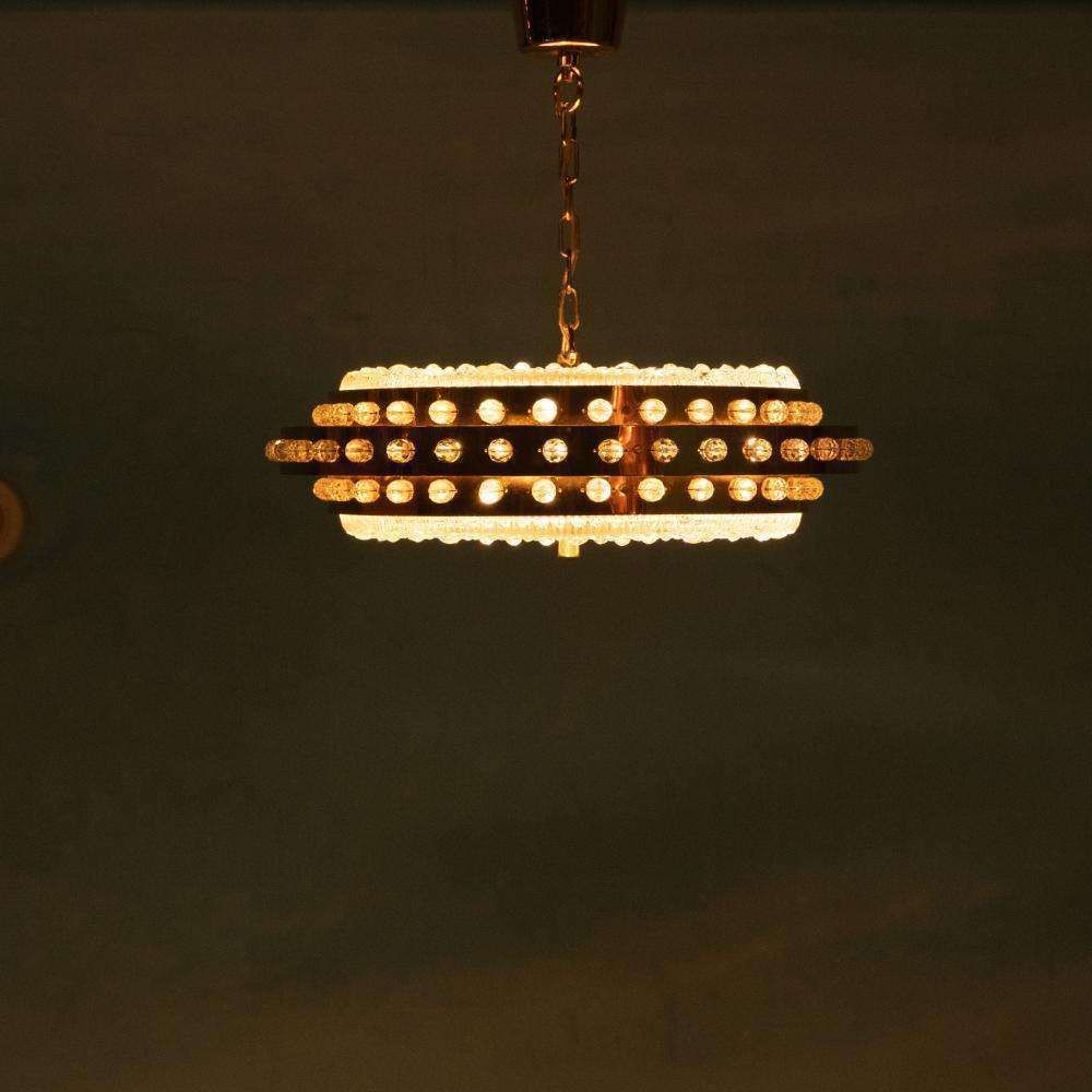 900.0 Midmod Regency Hanging Lamp Glass And Brass, Orrefors Sweden. photo