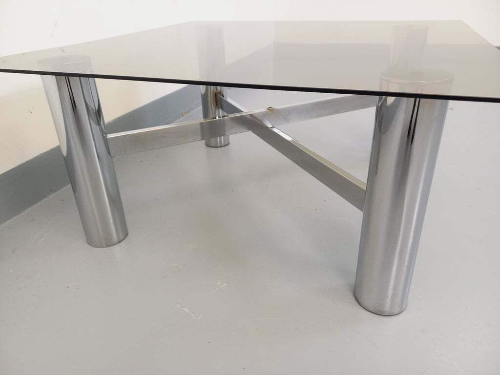 Vintage Space Age Square Coffee Table In Smoked Glass And Chromed Metal photo vintage