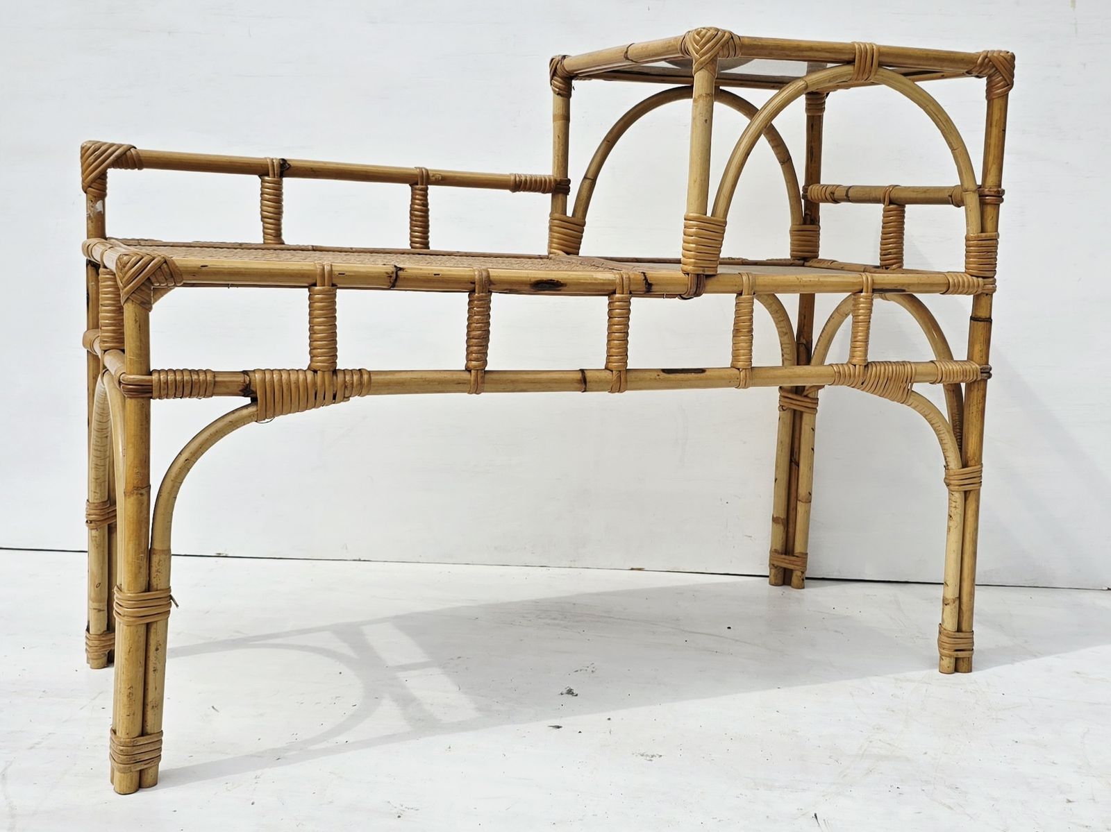 Mid Century French Bamboo & Smoked Glass Telephone Seat, Tiered Rattan Bench. photo 295.0