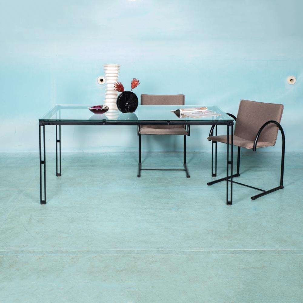 Minimalistische Glazen Eettafel Met Metalen Onderstel, Mid Century Modern Jaren 1980 photo for sale