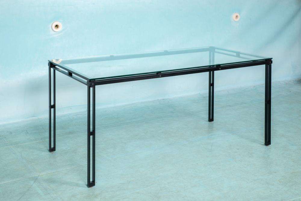Minimalistische Glazen Eettafel Met Metalen Onderstel, Mid Century Modern Jaren 1980 photo vintage