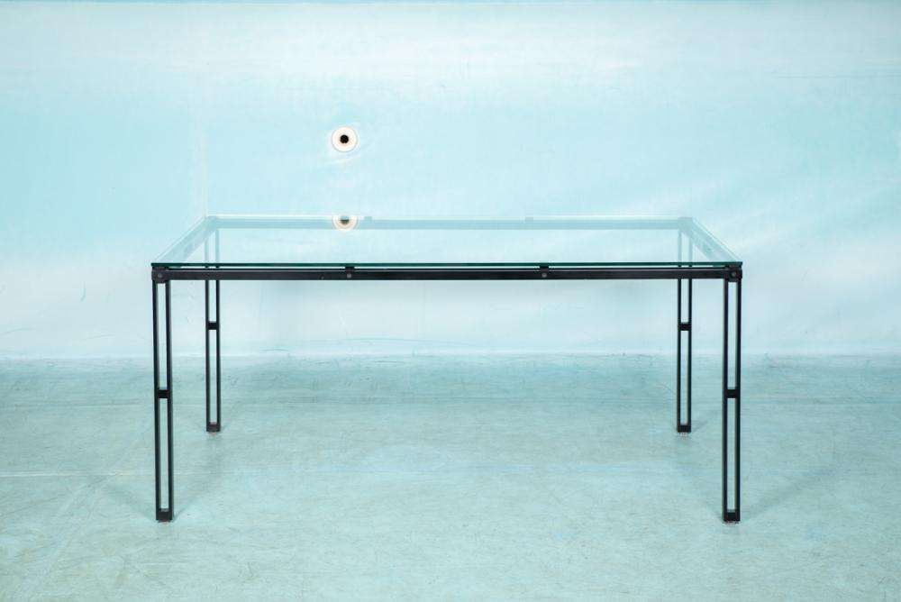 photo for sale Minimalistische Glazen Eettafel Met Metalen Onderstel, Mid Century Modern Jaren 1980