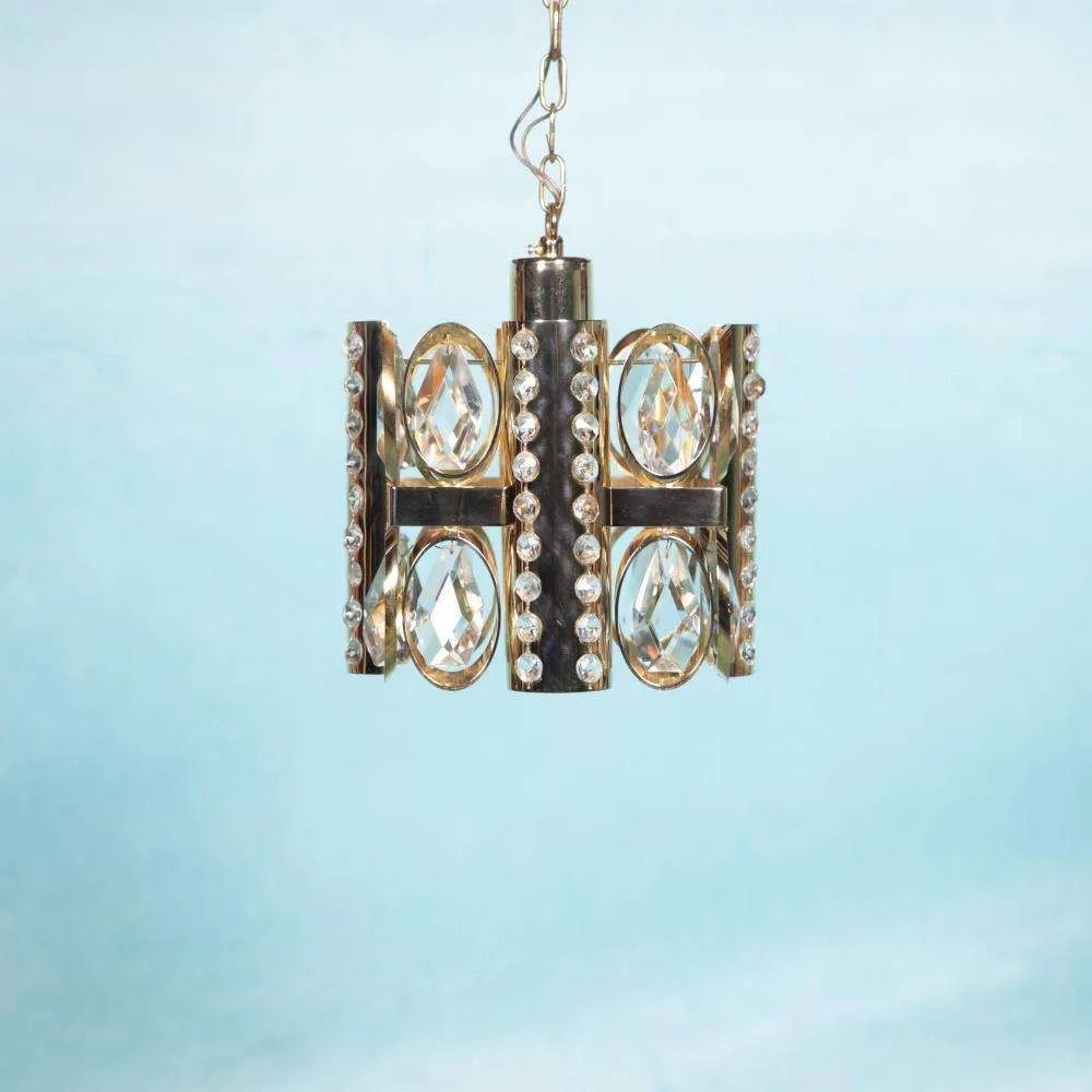 Midcentury Palwa Chandelier Pendant Lamp Crystal, Glass & Brass