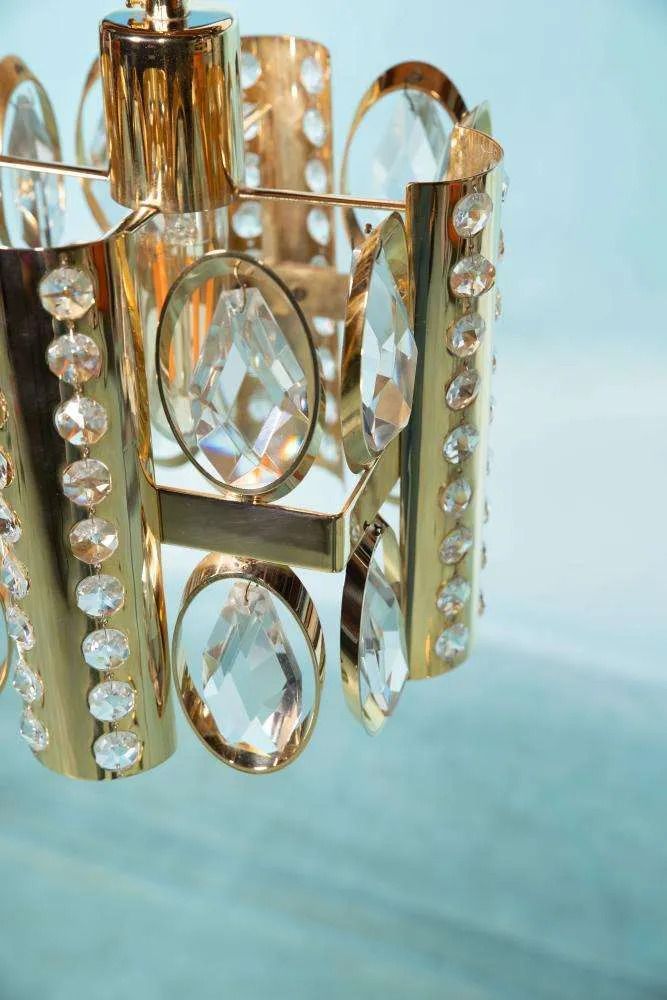 photo for sale Midcentury Palwa Chandelier Pendant Lamp Crystal, Glass & Brass