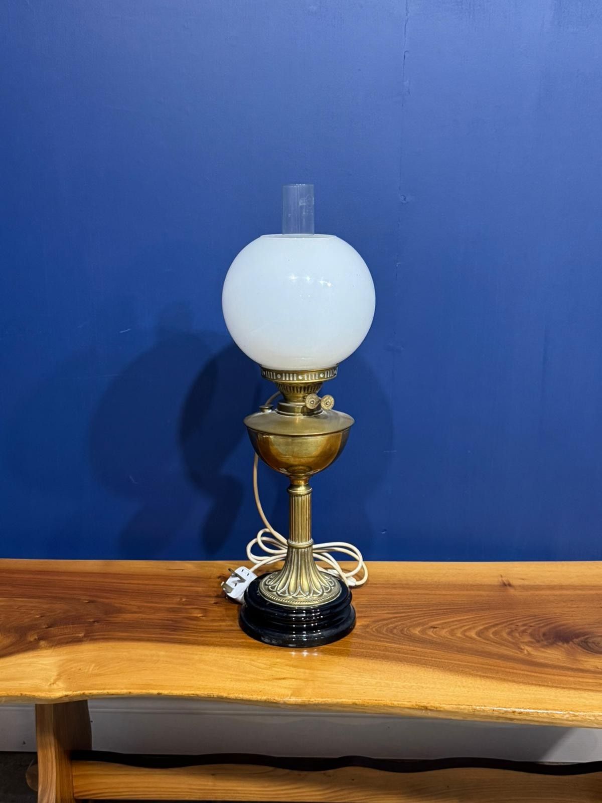 Victorian Brass Oil Lamp Light Antique Glass Shade Electric Round White